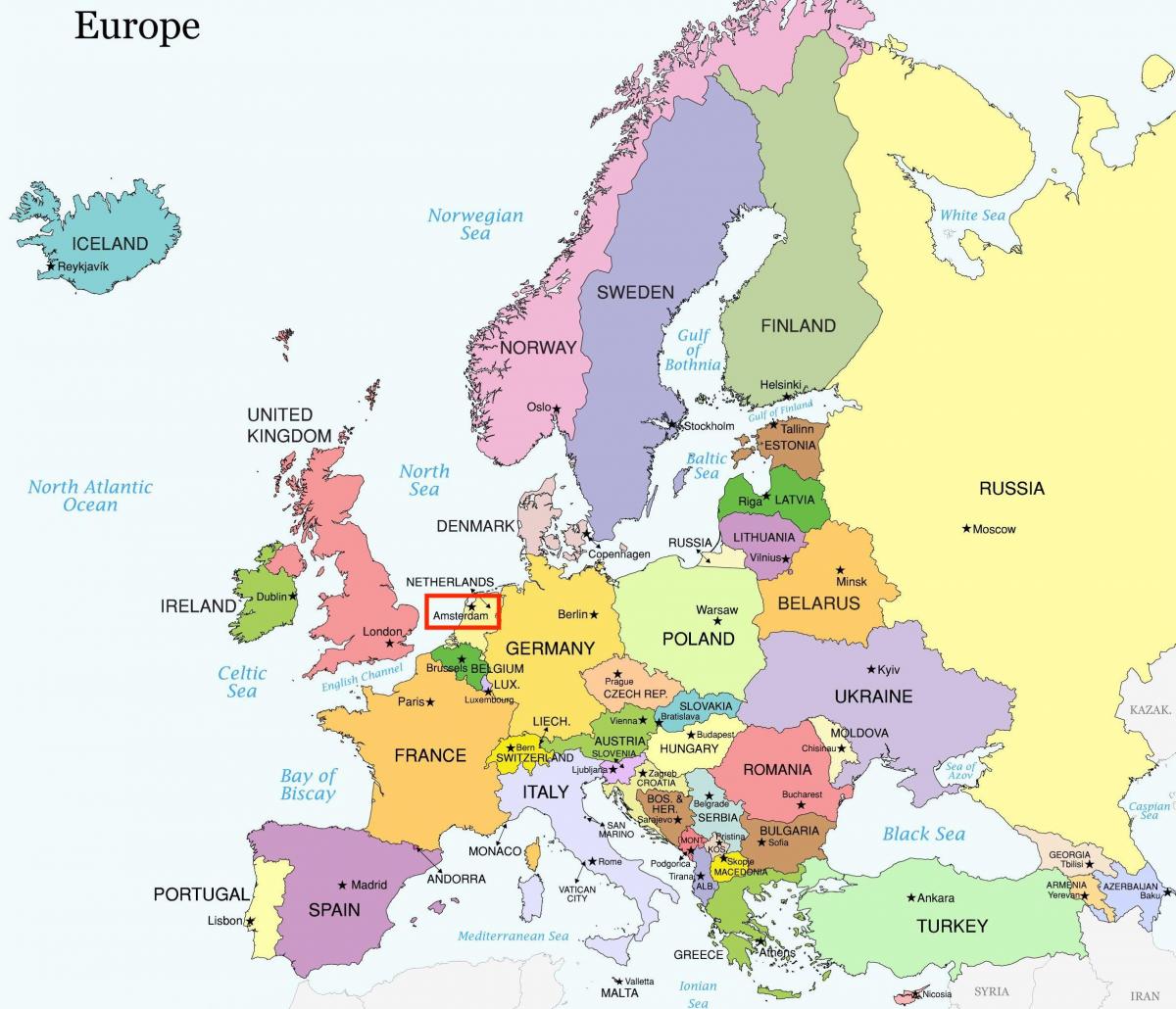 Amsterdam en el mapa de europa