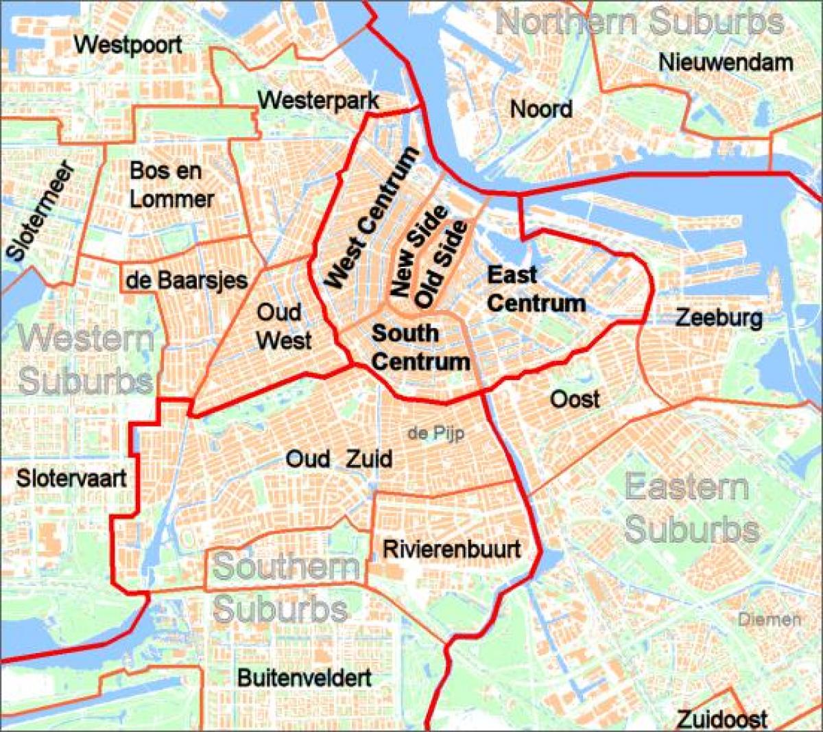 mapa de Amsterdam suburbios