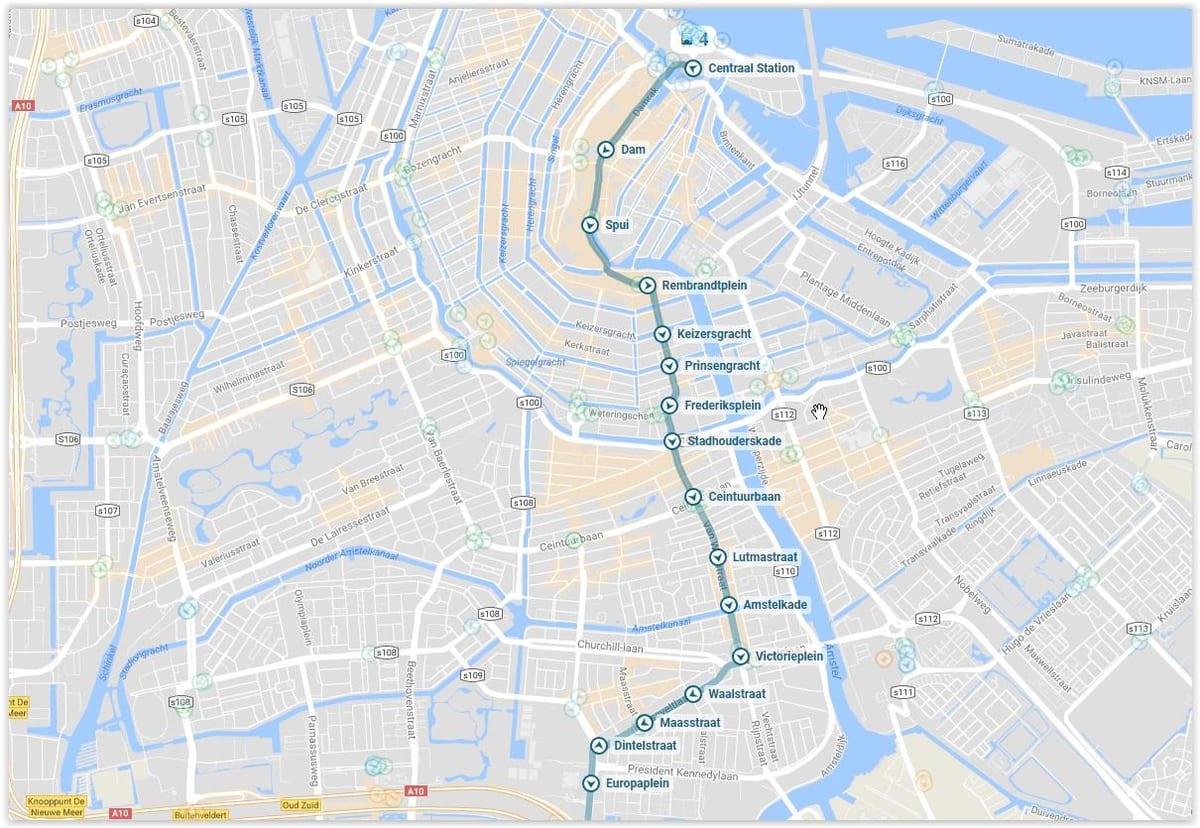 Amsterdam tranvía 4 mapa de la ruta