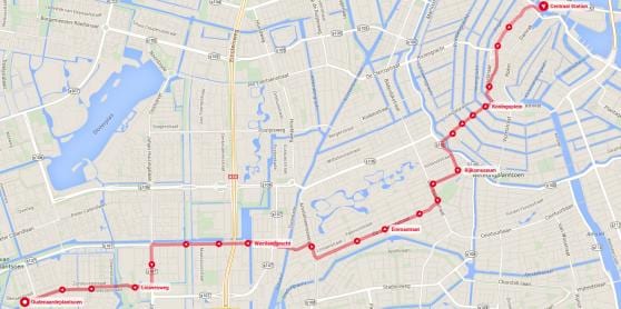 el tranvía 2 Amsterdam mapa de la ruta
